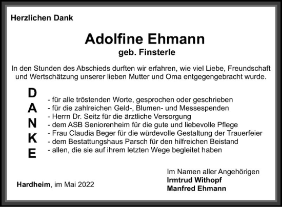 Traueranzeige von Adolfine Ehmann von Fränkische Nachrichten