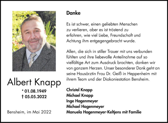 Traueranzeige von Albert Knapp von Bergsträßer Anzeiger