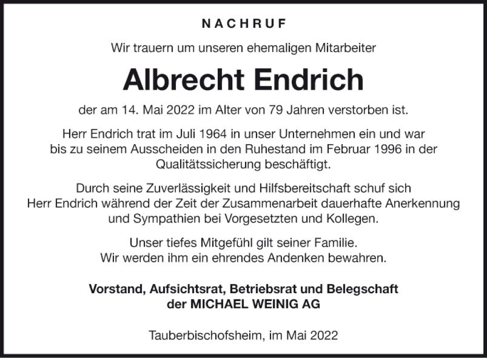  Traueranzeige für Albrecht Endrich vom 27.05.2022 aus Fränkische Nachrichten