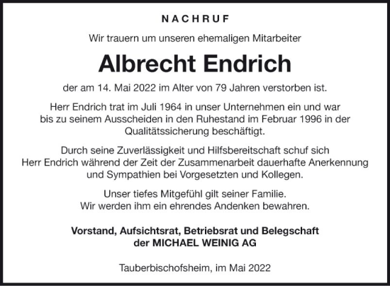 Traueranzeige von Albrecht Endrich von Fränkische Nachrichten