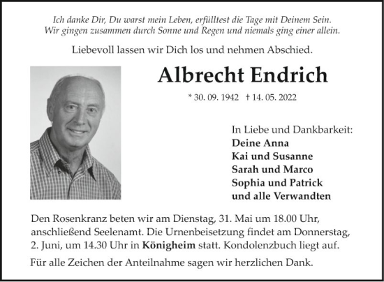 Traueranzeige von Albrecht Endrich von Fränkische Nachrichten