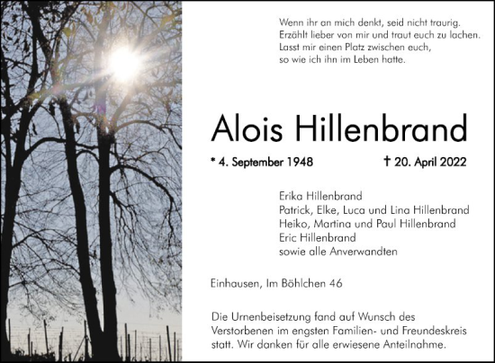 Traueranzeige von Alois Hillenbrand von Bergsträßer Anzeiger