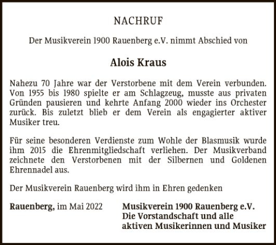 Traueranzeige von Alois Kraus von Fränkische Nachrichten