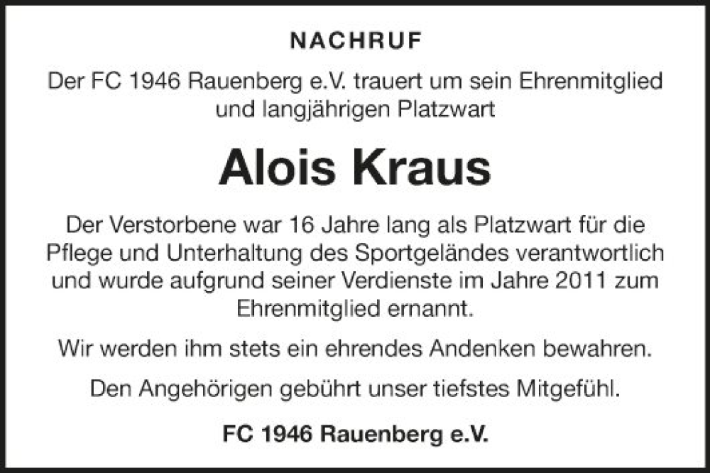  Traueranzeige für Alois Kraus vom 28.05.2022 aus Fränkische Nachrichten