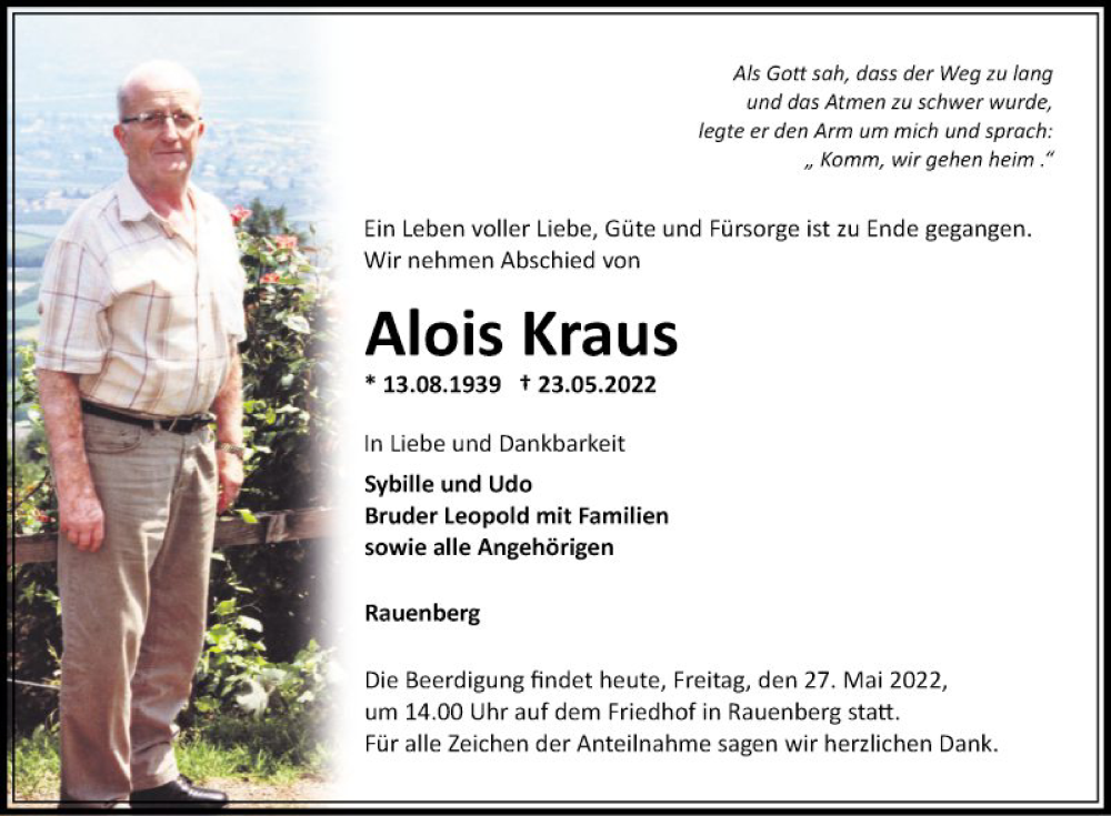  Traueranzeige für Alois Kraus vom 27.05.2022 aus Fränkische Nachrichten