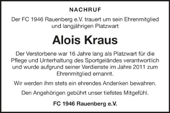 Traueranzeige von Alois Kraus von Fränkische Nachrichten