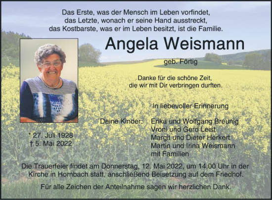 Traueranzeige von Angela Weismann von Fränkische Nachrichten