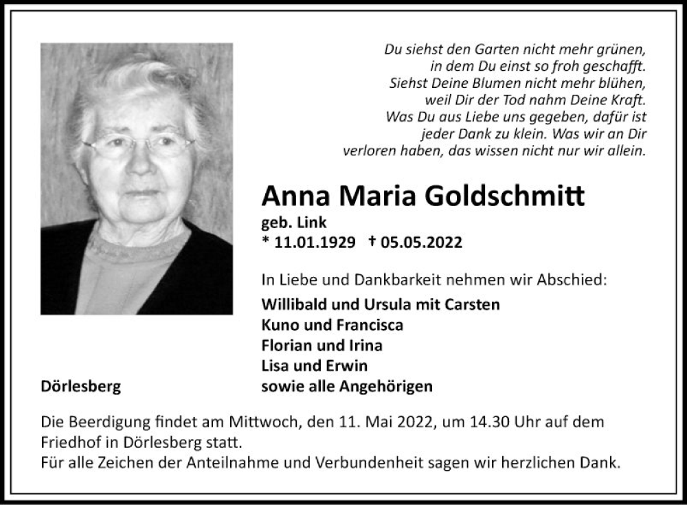  Traueranzeige für Anna Maria Goldschmitt vom 10.05.2022 aus Fränkische Nachrichten