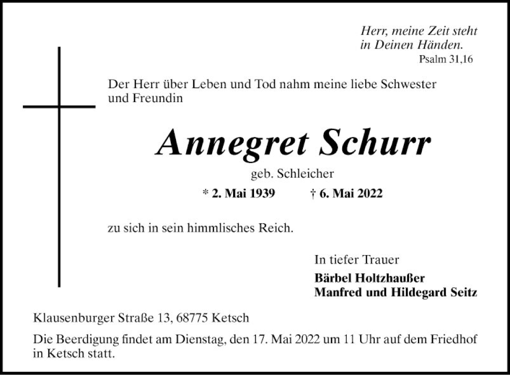  Traueranzeige für Annegret Schurr vom 14.05.2022 aus Mannheimer Morgen