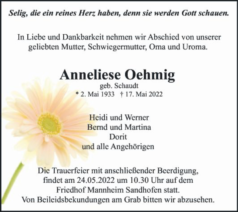  Traueranzeige für Anneliese Oemig vom 21.05.2022 aus Mannheimer Morgen