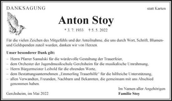 Traueranzeige von Anton Stoy von Fränkische Nachrichten