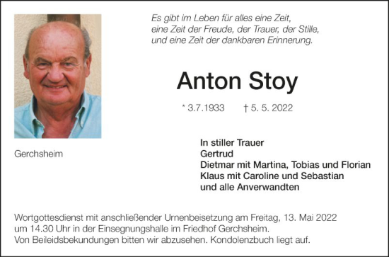 Traueranzeige von Anton Stoy von Fränkische Nachrichten