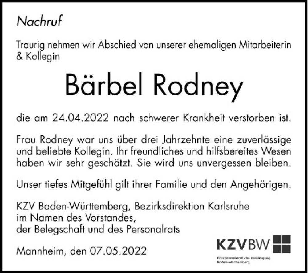  Traueranzeige für Bärbel Rodney vom 07.05.2022 aus Mannheimer Morgen