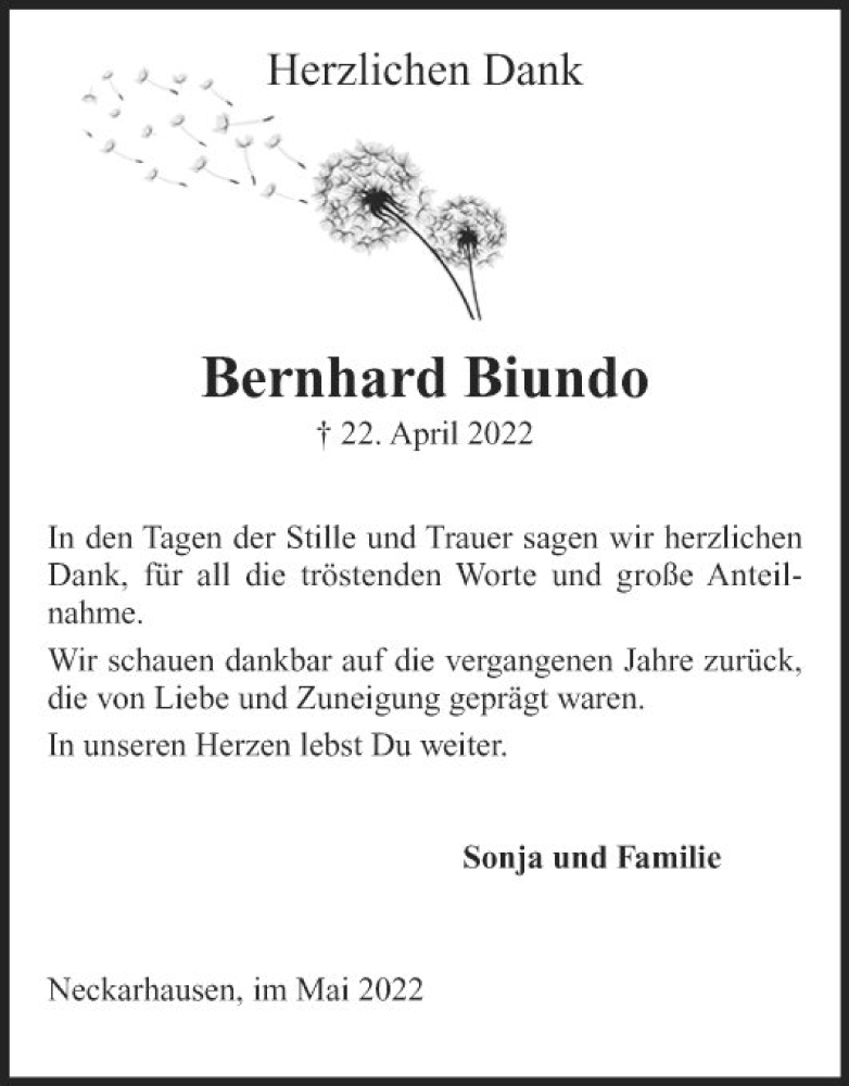  Traueranzeige für Bernhard Biundo vom 14.05.2022 aus Mannheimer Morgen
