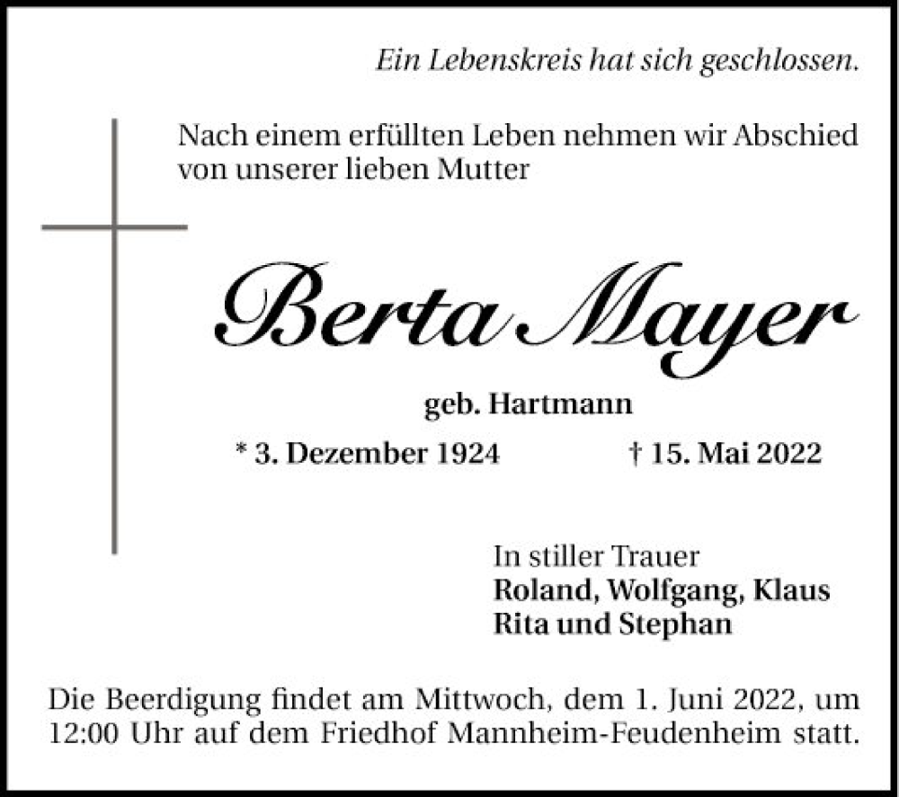  Traueranzeige für Berta Mayer vom 21.05.2022 aus Mannheimer Morgen