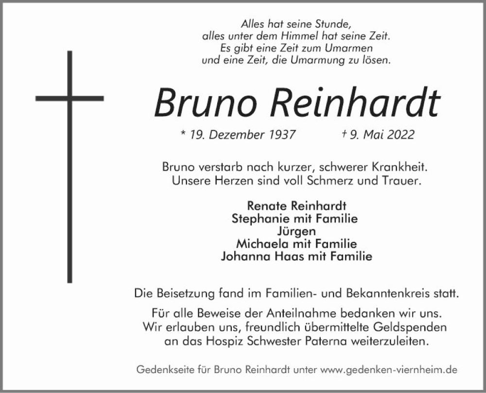  Traueranzeige für Bruno Reinhardt vom 21.05.2022 aus Mannheimer Morgen