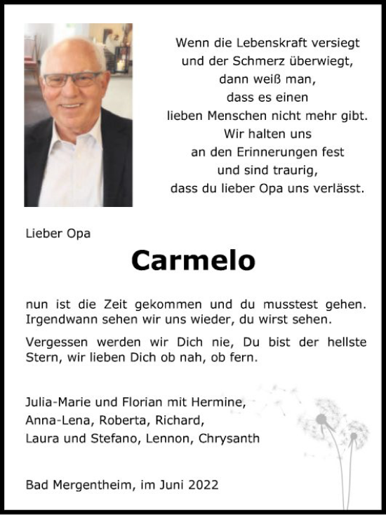 Traueranzeige von Carmelo  von Fränkische Nachrichten