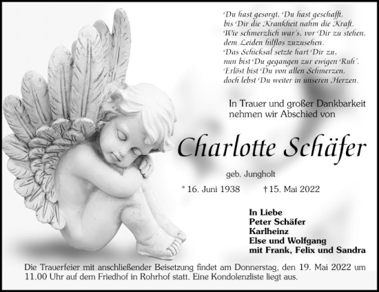 Traueranzeige von Charlotte Schäfer von Schwetzinger Zeitung