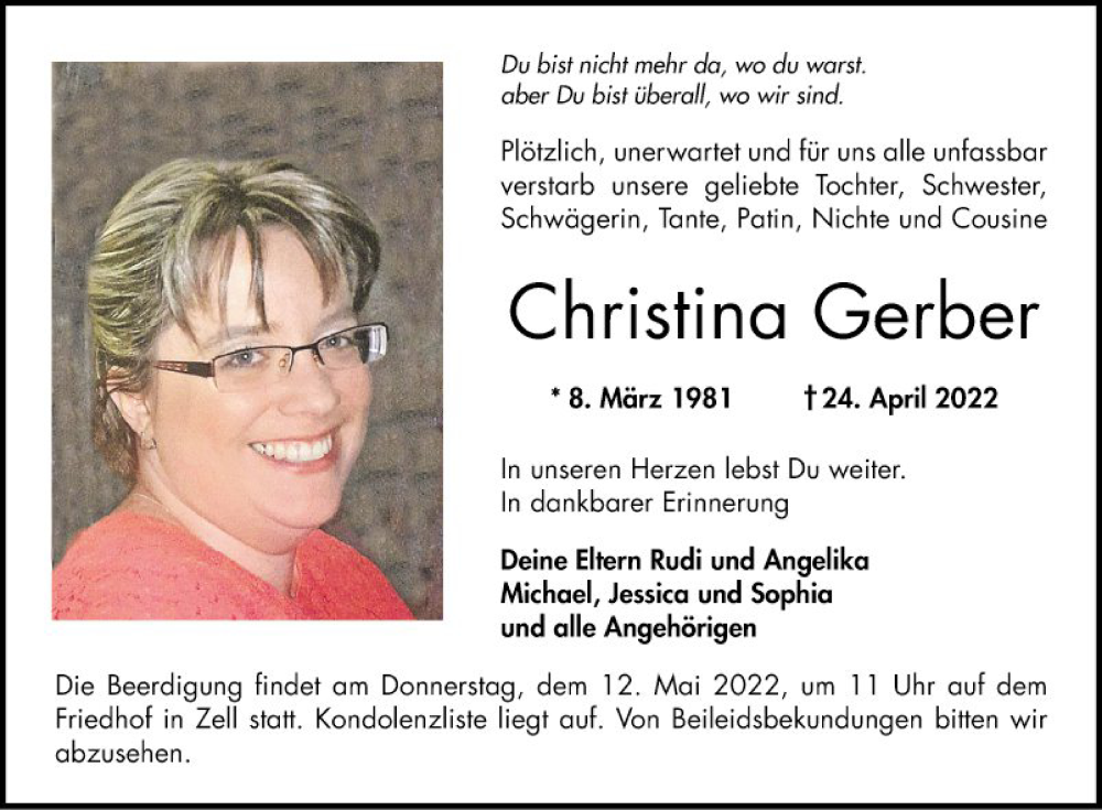  Traueranzeige für Christina Gerber vom 07.05.2022 aus Bergsträßer Anzeiger