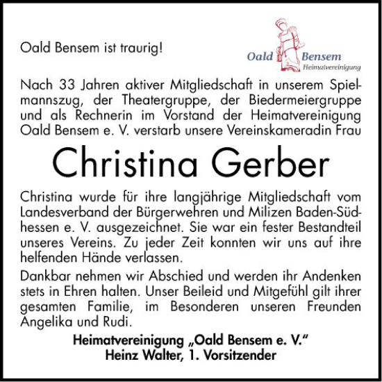 Traueranzeige von Christina Gerber von Bergsträßer Anzeiger