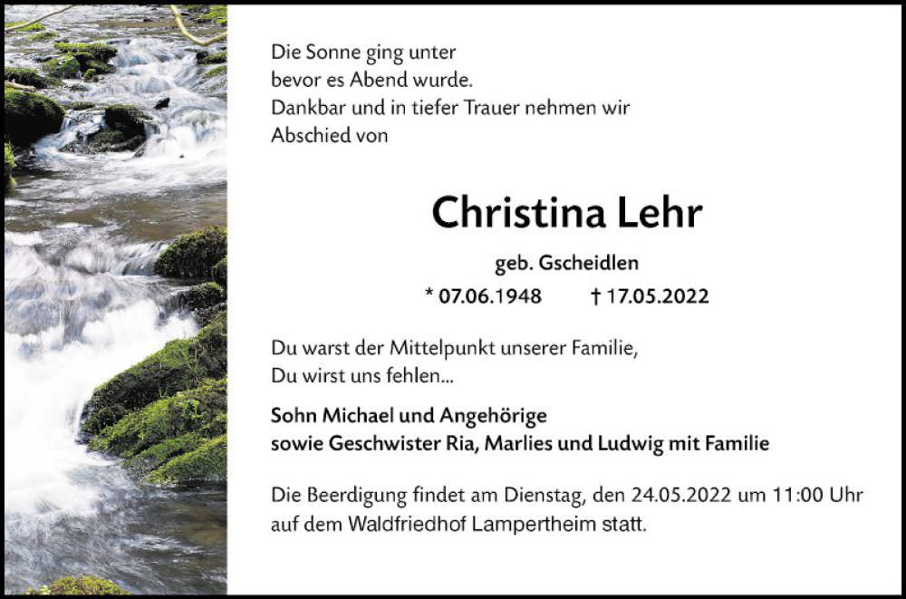  Traueranzeige für Christina Lehr vom 21.05.2022 aus Mannheimer Morgen