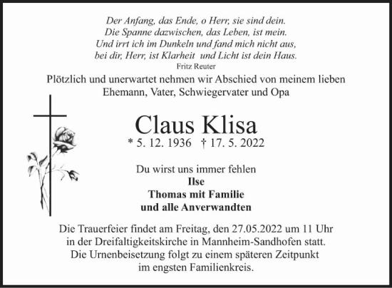 Traueranzeige von Claus Klisa von Mannheimer Morgen
