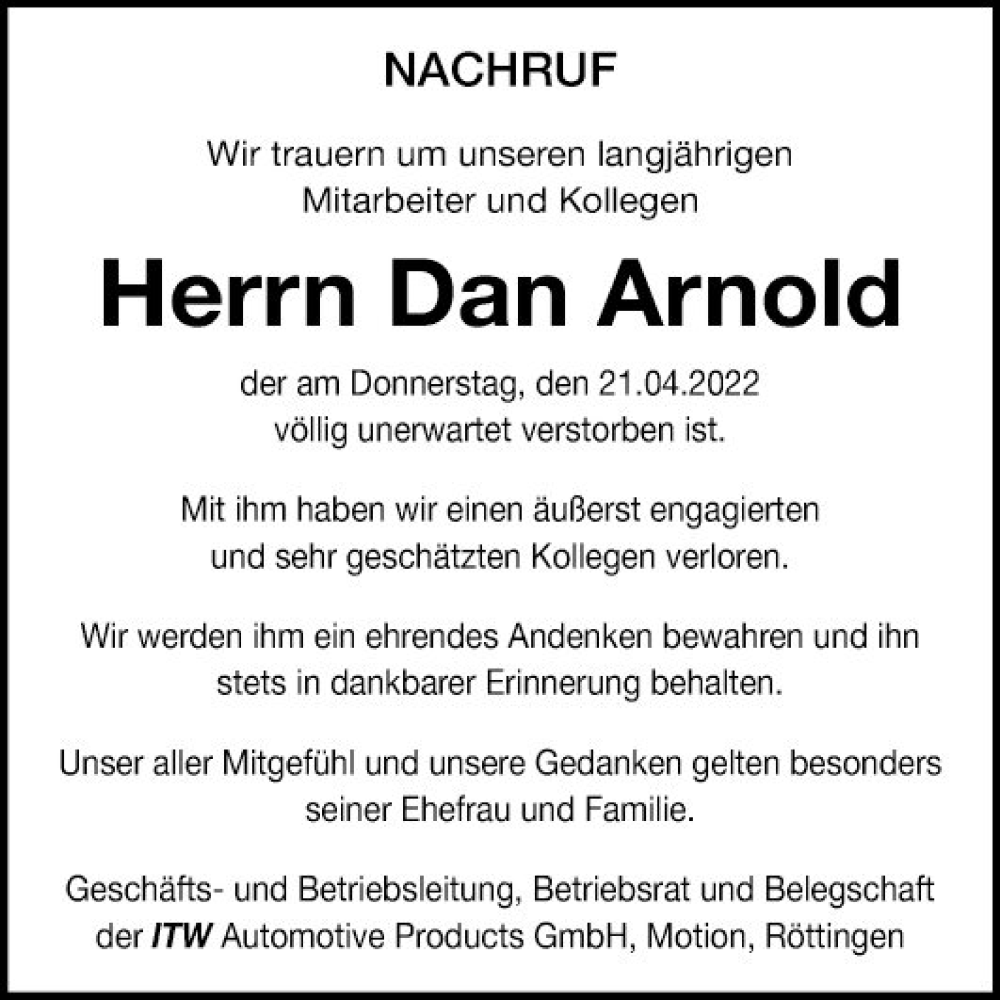  Traueranzeige für Dan Arnold vom 07.05.2022 aus Fränkische Nachrichten