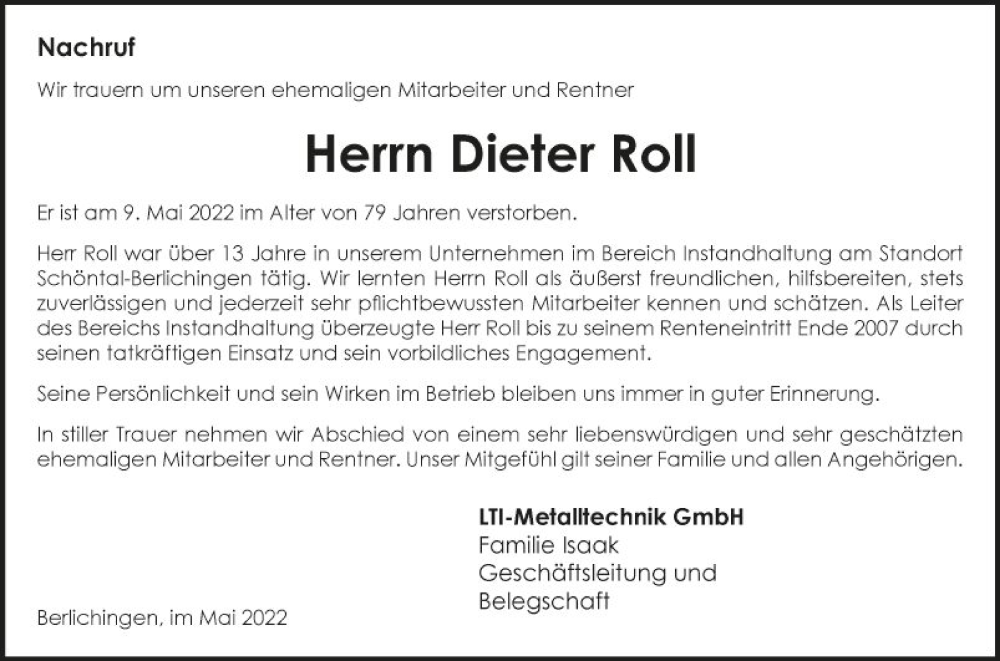  Traueranzeige für Hans-Dieter Roll vom 25.05.2022 aus Fränkische Nachrichten