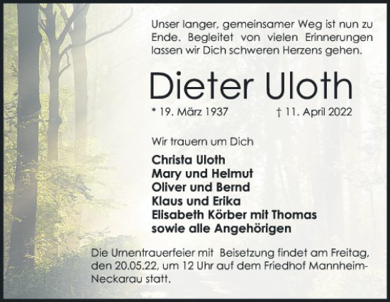 Traueranzeige von Dieter Uloth von Mannheimer Morgen