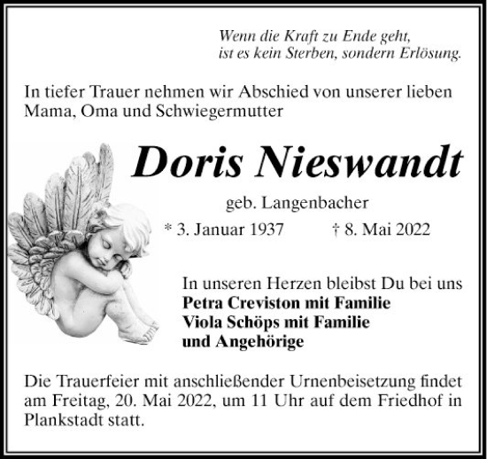 Traueranzeige von Doris Nieswaadt von Schwetzinger Zeitung