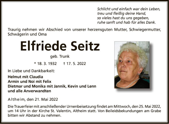 Traueranzeige von Elfriede Seitz von Fränkische Nachrichten