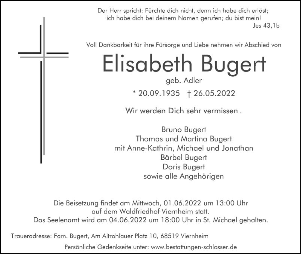  Traueranzeige für Elisabeth Bugert vom 28.05.2022 aus Mannheimer Morgen