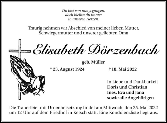 Traueranzeige von Elisabeth Dörzenbach von Schwetzinger Zeitung