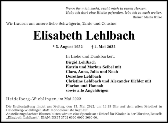 Traueranzeige von Elisabeth Lehlbach von Mannheimer Morgen