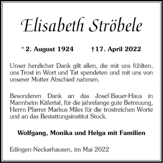 Traueranzeige von Elisabeth Ströbele von Mannheimer Morgen