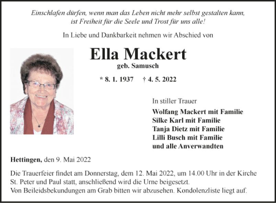 Traueranzeige von Ella Mackert von Fränkische Nachrichten