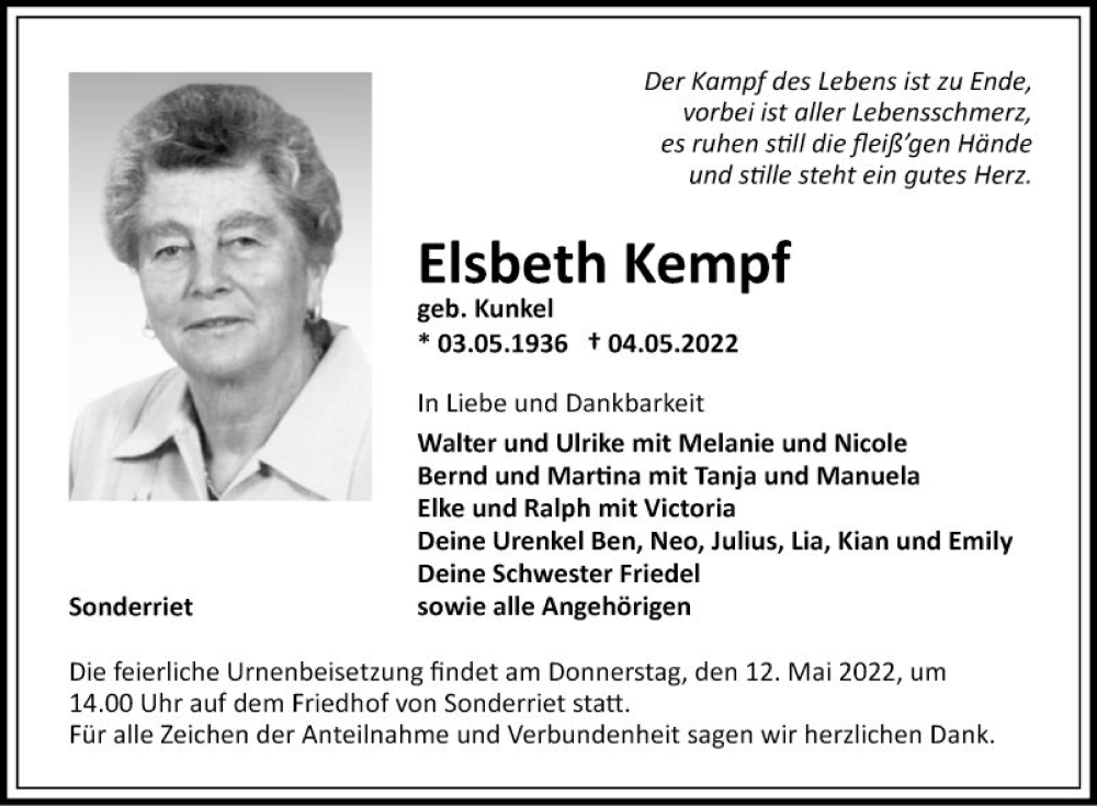  Traueranzeige für Elsbeth Kempf vom 07.05.2022 aus Fränkische Nachrichten
