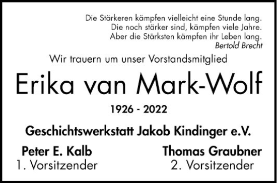 Traueranzeige von Erika van Mark-Wolf von Bergsträßer Anzeiger