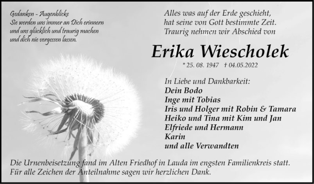  Traueranzeige für Erika Wiescholek vom 18.05.2022 aus Fränkische Nachrichten