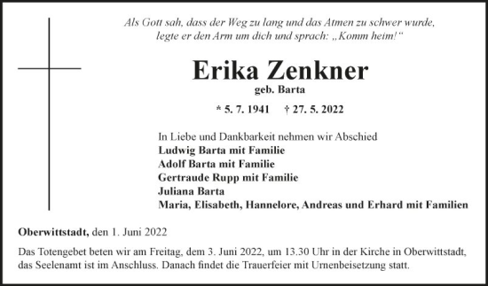 Traueranzeige von Erika Zenkner von Fränkische Nachrichten