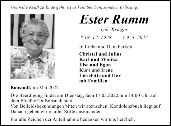 Traueranzeige von Ester Rumm von Fränkische Nachrichten