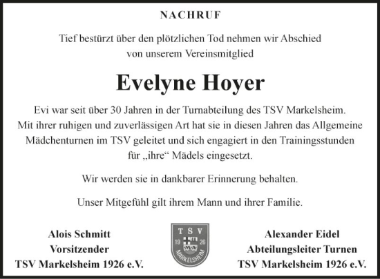 Traueranzeige von Evelyne Hoyer von Fränkische Nachrichten