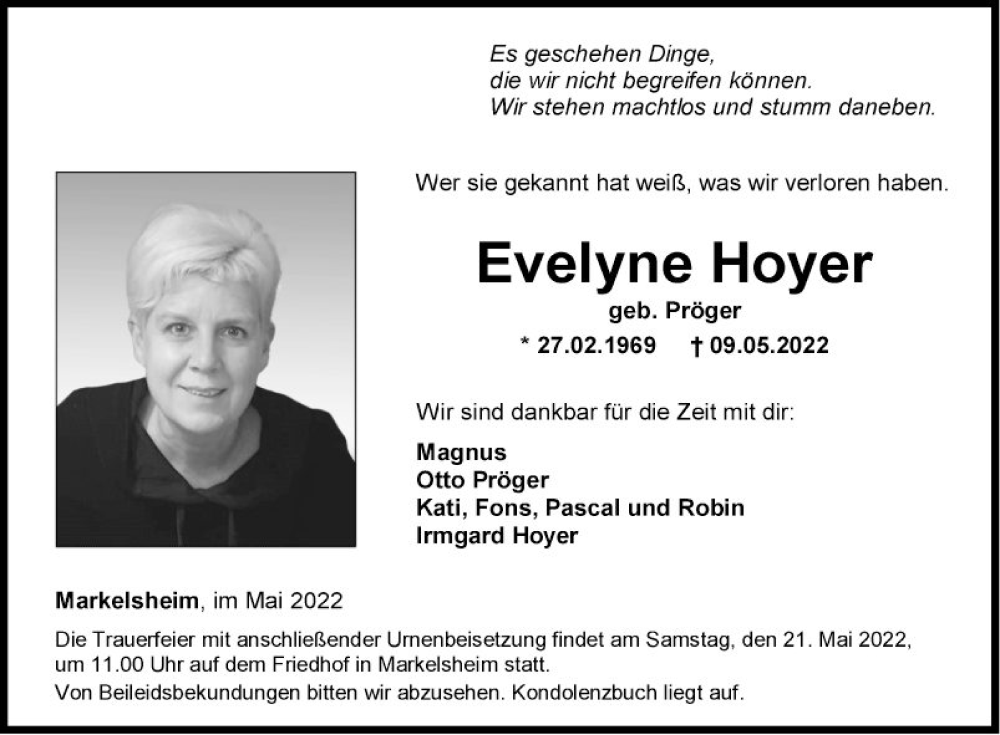  Traueranzeige für Evelyne Hoyer vom 18.05.2022 aus Fränkische Nachrichten