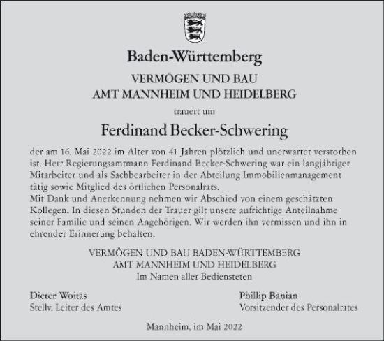 Traueranzeige von Ferdinand Becker-Schwering von Mannheimer Morgen