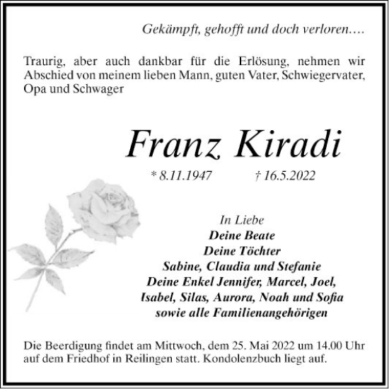 Traueranzeige von Franz Kiradi von Schwetzinger Zeitung