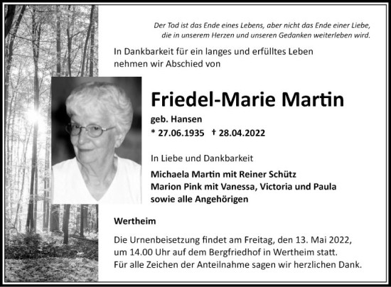 Traueranzeige von Friedel-Marie Martin von Fränkische Nachrichten