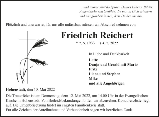 Traueranzeige von Friedrich Reichert von Fränkische Nachrichten