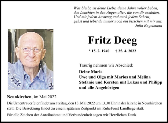 Traueranzeige von Fritz Deeg von Fränkische Nachrichten