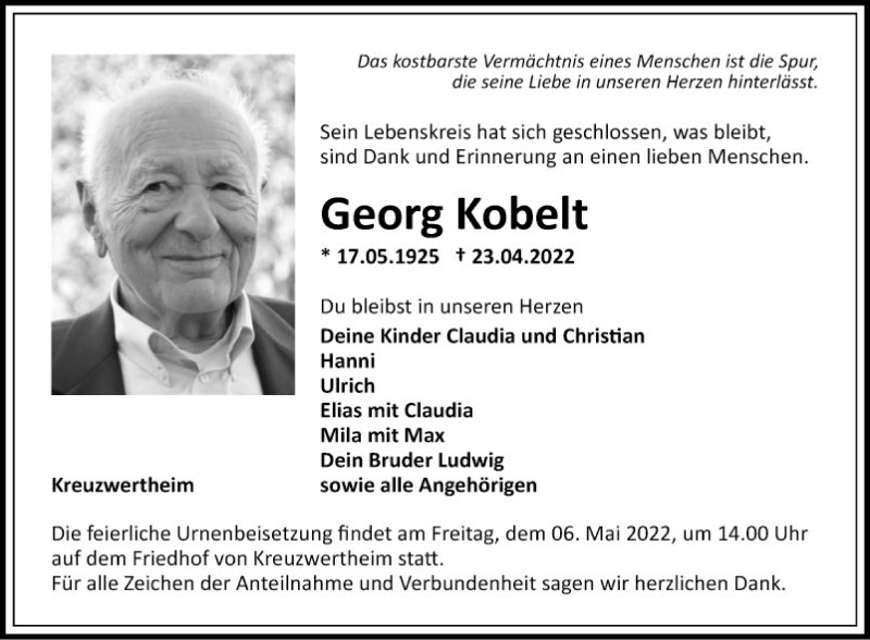  Traueranzeige für Georg Kobelt vom 03.05.2022 aus Fränkische Nachrichten