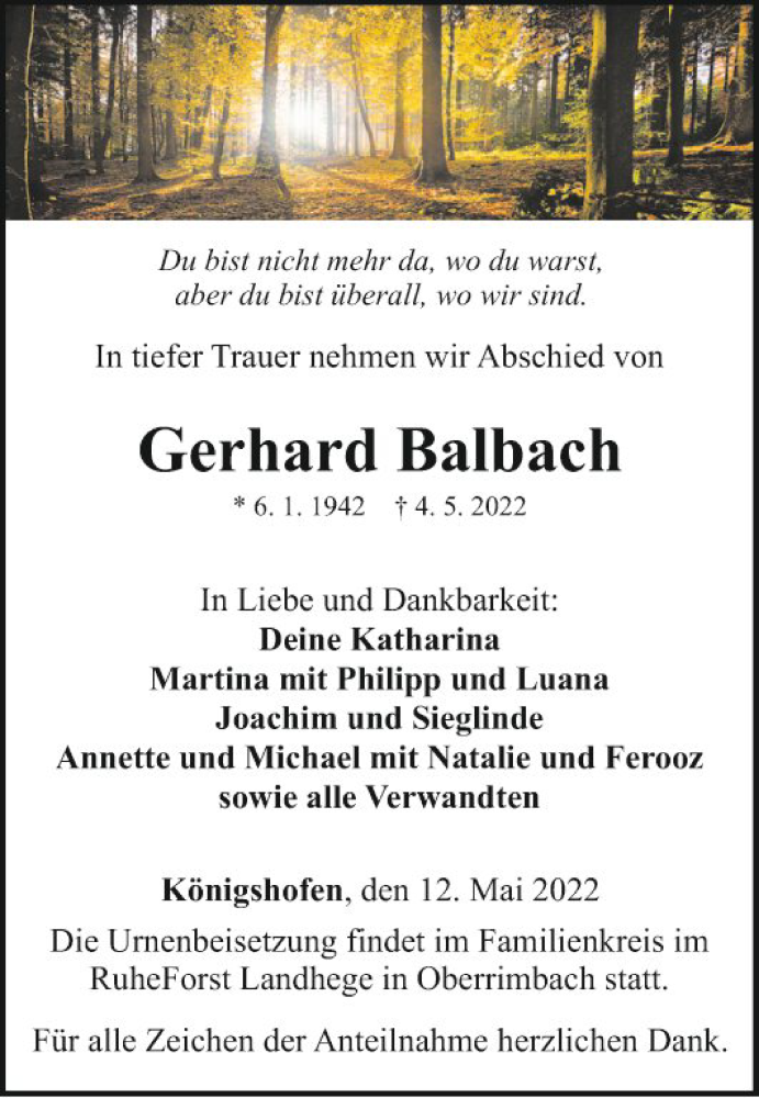  Traueranzeige für Gerhard Balbach vom 12.05.2022 aus Fränkische Nachrichten